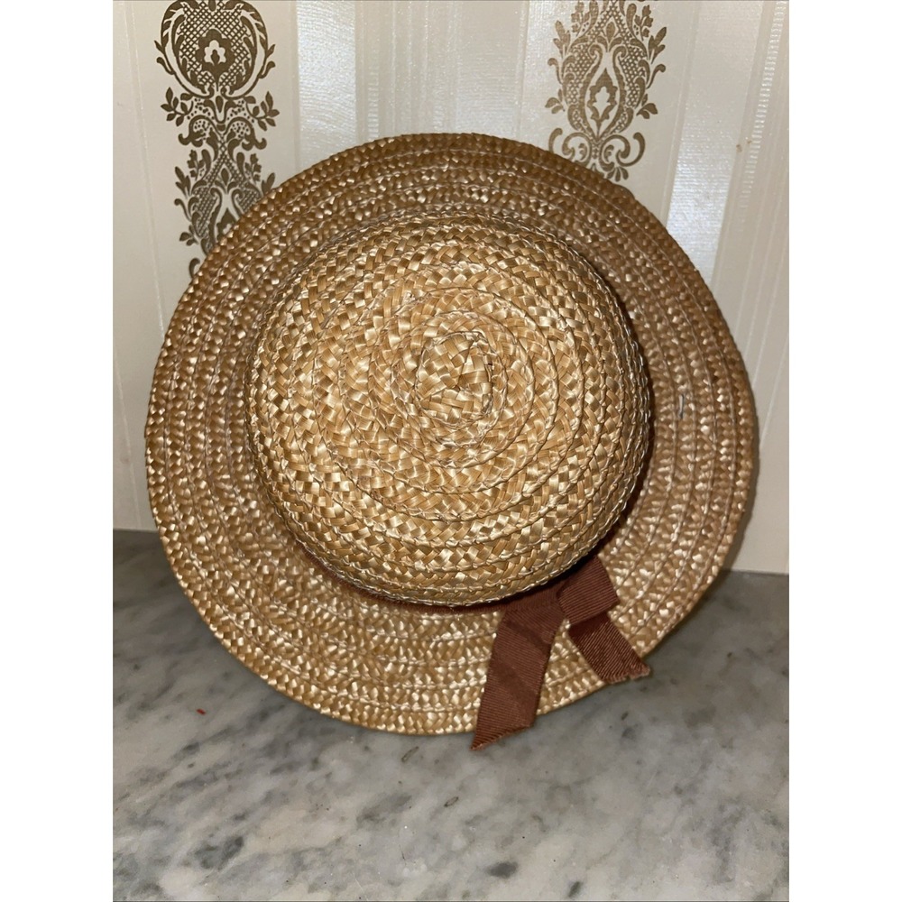 Antique Straw Hat Brown Trim Ribbon Rustic Farmhouse Doll Decor Touch Grass‎